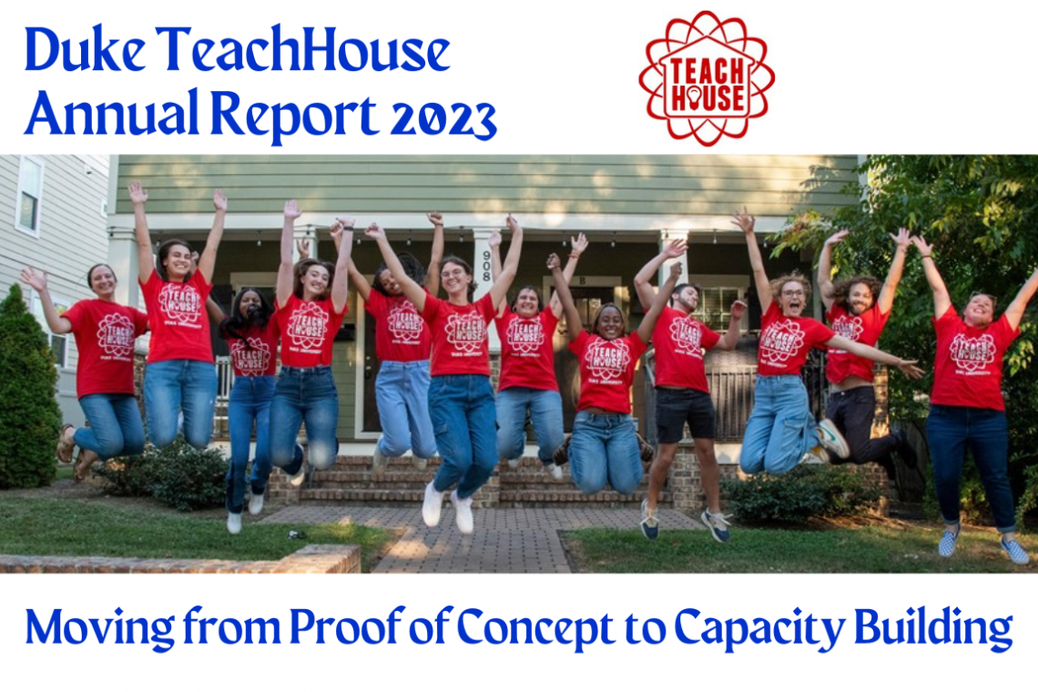Front cover of TeachHouse Annual Report includes photo of all 23-24 Fellows jumping in the air in front of a house.