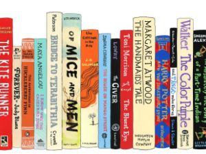 Illustration of stack of commonly banned books